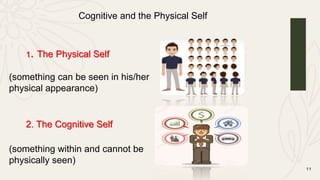 11
Cognitive and the Physical Self
1. The Physical Self
2. The Cognitive Self
(something can be seen in his/her
physical appearance)
(something within and cannot be
physically seen)
 