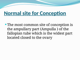 Normal site for Conception
 The most common site of conception is
the ampullary part (Ampulla ) of the
fallopian tube which is the widest part
located closed to the ovary
 