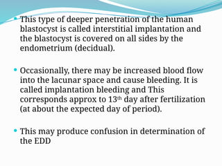  This type of deeper penetration of the human
blastocyst is called interstitial implantation and
the blastocyst is covered on all sides by the
endometrium (decidual).
 Occasionally, there may be increased blood flow
into the lacunar space and cause bleeding. It is
called implantation bleeding and This
corresponds approx to 13th
day after fertilization
(at about the expected day of period).
 This may produce confusion in determination of
the EDD
 