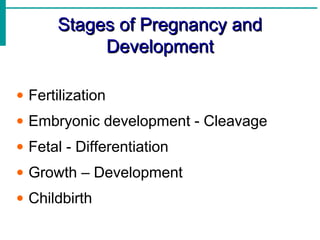 SSttaaggeess ooff PPrreeggnnaannccyy aanndd 
DDeevveellooppmmeenntt 
· Fertilization 
· Embryonic development - Cleavage 
· Fetal - Differentiation 
· Growth – Development 
· Childbirth 
 