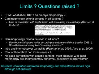 Limits ? Questions raised ?
• EBM : what about RCTs on embryo morphology ?
• Can morphology criteria be used in all patients ?
– Loss of correlation with implantation with increasing maternal age (Stensen et
al, 2010)
• Can morphology criteria be used in all labs ?
– Developmental speed varies according to culture conditions (media, [O2]…).
Should each laboratory build its own guidelines ?
• Intra and inter observer variability (Paternot et al, 2009; Arce et al, 2006)
• Real or theoretical non invasiveness ?
• No good correlation with genetic content : most embryos with good
morphology are chromosomally abnormal, especially in older women
However, correlations between morphology and implantation remain high,
although not absolute
 