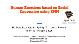 Human Emotions based on Facial
Expression using CNN
Big Data Ecosystems Spring 17 - Course Project
Team 12 - Happy Gator
Chaitanya Maddala, Vineeth Kamisetty, Sandeep Basavaraju
Department of CISE
University of Florida
 