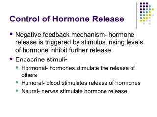 Control of Hormone Release
 Negative  feedback mechanism- hormone
  release is triggered by stimulus, rising levels
  of hormone inhibit further release
 Endocrine stimuli-
     Hormonal- hormones stimulate the release of
      others
     Humoral- blood stimulates release of hormones
     Neural- nerves stimulate hormone release
 