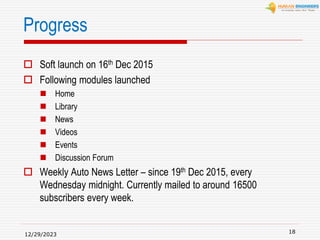  Soft launch on 16th Dec 2015
 Following modules launched
 Home
 Library
 News
 Videos
 Events
 Discussion Forum
 Weekly Auto News Letter – since 19th Dec 2015, every
Wednesday midnight. Currently mailed to around 16500
subscribers every week.
12/29/2023
18
Progress
 