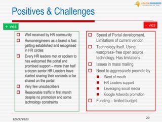 Positives & Challenges
 Well received by HR community
 Humanengineers as a brand is fast
getting established and recognised
in HR circles
 Every HR leaders met or spoken to
has welcomed the portal and
promised support – more than half
a dozen senior HR Leaders have
started sharing their contents to be
shared on the portal
 Very few unsubscribers
 Reasonable traffic in first month
despite no promotion and some
technology constraints
12/29/2023
20
 Speed of Portal development.
Limitations of current vendor
 Technology itself. Using
wordpress- free open source
technology. Has limitations
 Issues in mass mailing
 Need to aggressively promote by
 Word of mouth
 HR Leaders support
 Leveraging social media
 Google Adwords promotion
 Funding – limited budget
+ ves - ves
 