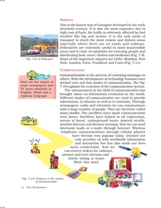 AIRWAYS
                              This is the fastest way of transport developed in the early
                              twentieth century. It is also the most expensive due to
                              high cost of fuels. Air traffic is adversely affected by bad
                              weather like fog and storms. It is the only mode of
                              transport to reach the most remote and distant areas
                              especially where there are no roads and railways.
                              Helicopters are extremely useful in most inaccessible
                              areas and in time of calamities for rescuing people and
                              distributing food, water, clothes and medicines (Fig. 7.9).
     Fig. 7.9: A Helicopter   Some of the important airports are Delhi, Mumbai, New
                              York, London, Paris, Frankfurt and Cairo (Fig. 7.11).

                              COMMUNICATION
                              Communication is the process of conveying messages to
              Let’s do
                              others. With the development of technology humans have
Find out the names of         devised new and fast modes of communication. The Fig.
some newspapers and           7.10 explains the evolution of the communication system.
TV news channels in
                                  The advancement in the field of communication has
English, Hindi and a
                              brought about an information revolution in the world.
regional language.
                              Different modes of communication are used to provide
                              information, to educate as well as to entertain. Through
                              newspapers, radio and television we can communicate
                              with a large number of people. They are therefore called
                              mass media. The satellites have made communication
                              even faster. Satellites have helped in oil exploration,
                              survey of forest, underground water, mineral wealth,
                              weather forecast and disaster warning. Now we can send
                              electronic mails or e-mails through Internet. Wireless
                               telephonic communications through cellular phones
                                       have become very popular today. Internet not
                                         only provides us with worldwide information
                                         and interaction but has also made our lives
                                     more comfortable. Now we
                                  can reserve tickets for railways,
                                airways and even cinemas and
                                    hotels sitting at home.
                                        With this kind




Fig. 7.10: Progress in the means
           of communication

52   OUR ENVIRONMENT
 