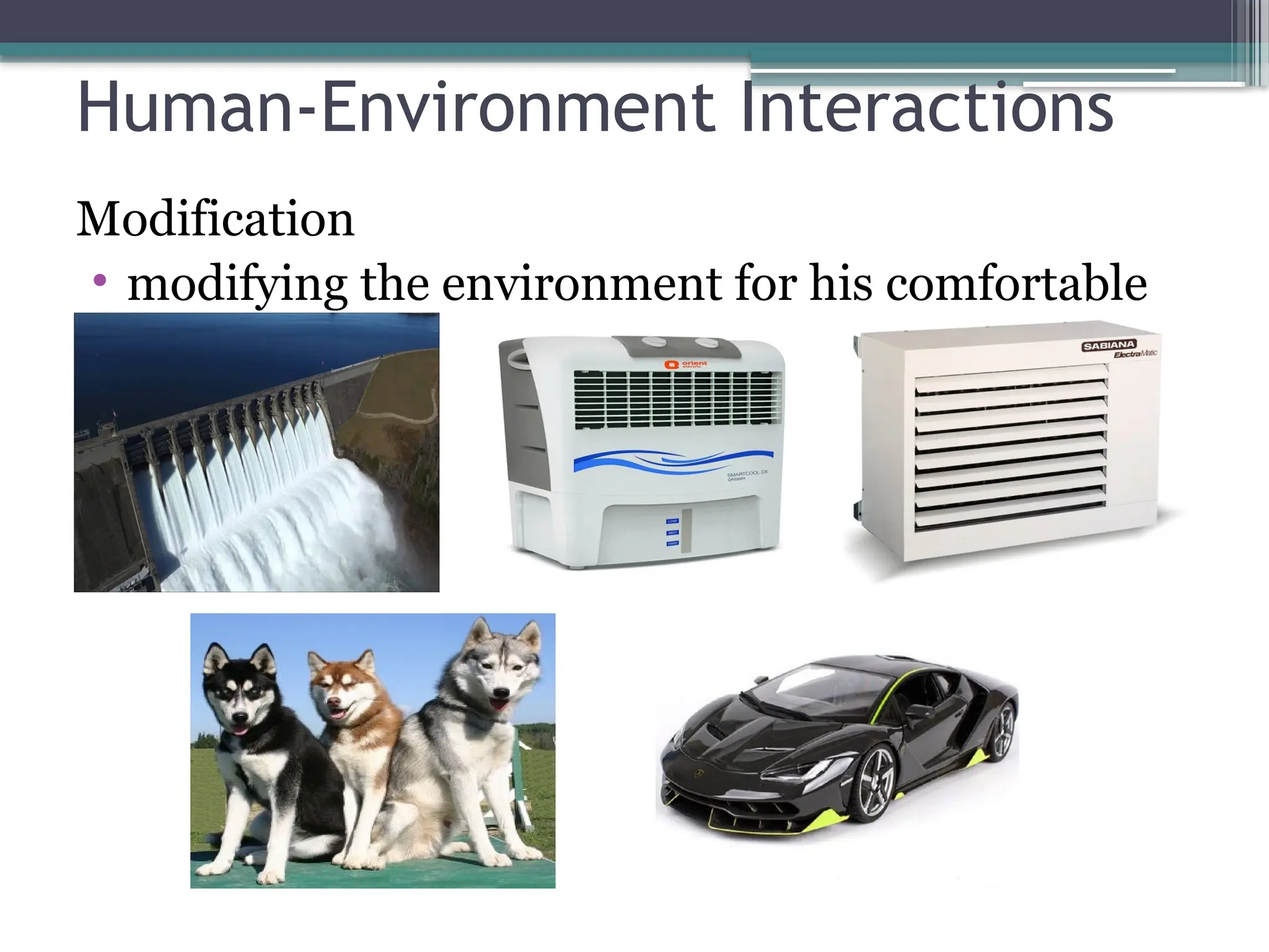 Human-Environment Interactions
Modification
• modifying the environment for his comfortable
living.
 
