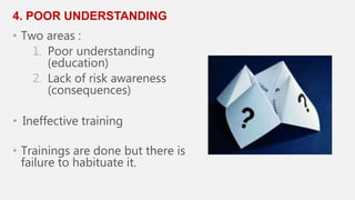 4. POOR UNDERSTANDING
• Two areas :
1. Poor understanding
(education)
2. Lack of risk awareness
(consequences)
• Ineffective training
• Trainings are done but there is
failure to habituate it.
 