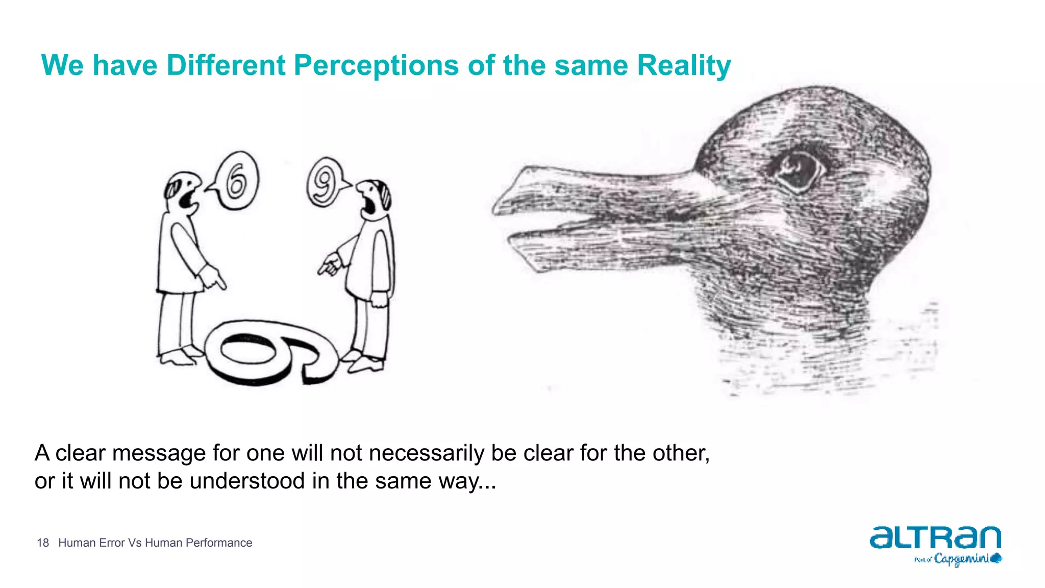 18
A clear message for one will not necessarily be clear for the other,
or it will not be understood in the same way...
We have Different Perceptions of the same Reality
Human Error Vs Human Performance
 