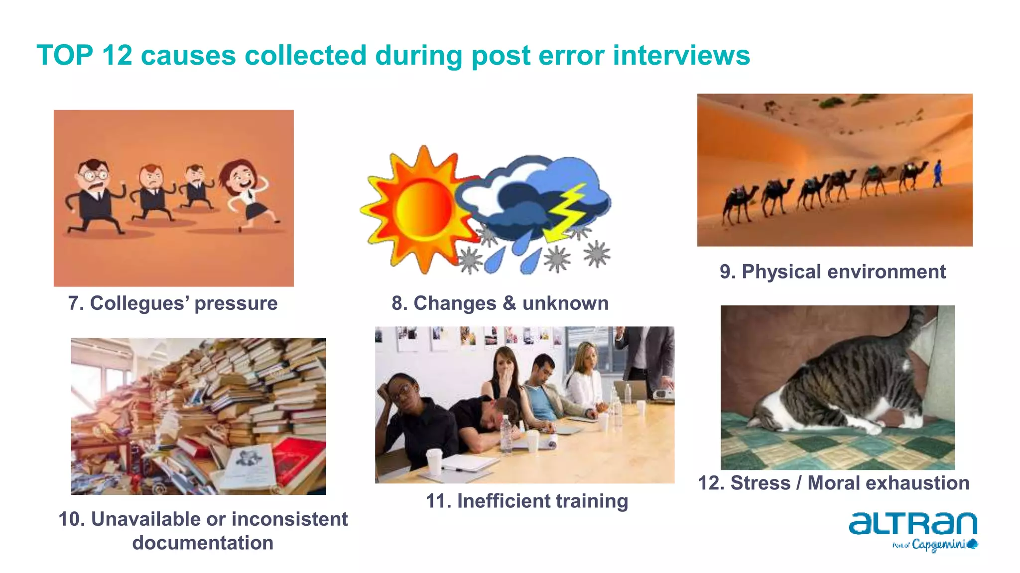 TOP 12 causes collected during post error interviews
7. Collegues’ pressure 8. Changes & unknown
9. Physical environment
12. Stress / Moral exhaustion
10. Unavailable or inconsistent
documentation
11. Inefficient training
 