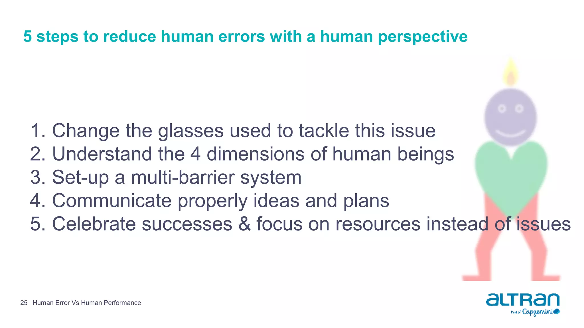 5 steps to reduce human errors with a human perspective
1. Change the glasses used to tackle this issue
2. Understand the 4 dimensions of human beings
3. Set-up a multi-barrier system
4. Communicate properly ideas and plans
5. Celebrate successes & focus on resources instead of issues
Human Error Vs Human Performance25
 