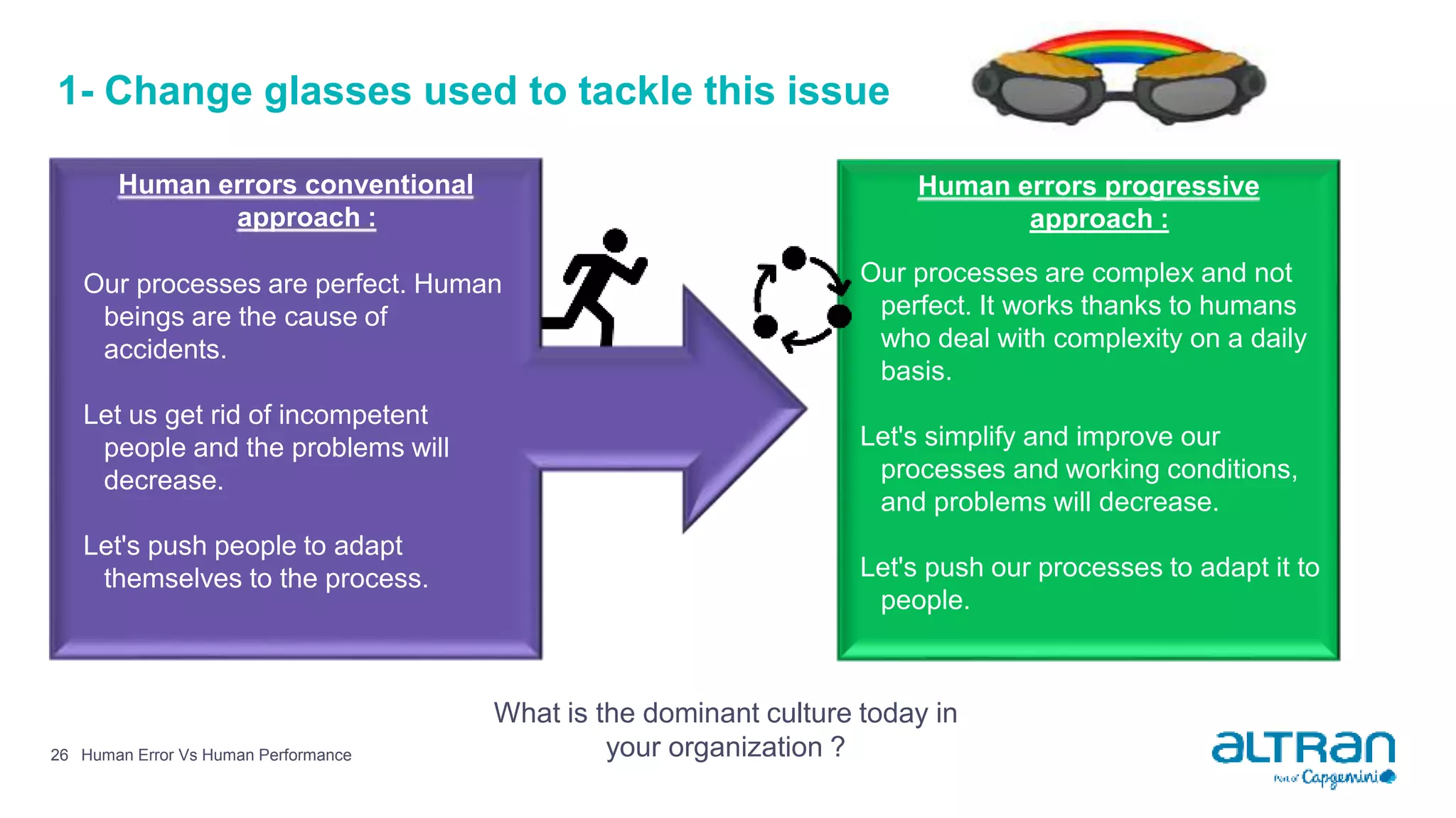 1- Change glasses used to tackle this issue
26
What is the dominant culture today in
your organization ?
Human errors progressive
approach :
Our processes are complex and not
perfect. It works thanks to humans
who deal with complexity on a daily
basis.
Let's simplify and improve our
processes and working conditions,
and problems will decrease.
Let's push our processes to adapt it to
people.
Human Error Vs Human Performance
Human errors conventional
approach :
Our processes are perfect. Human
beings are the cause of
accidents.
Let us get rid of incompetent
people and the problems will
decrease.
Let's push people to adapt
themselves to the process.
 