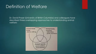 Definition of Welfare
Dr. David Fraser (University of British Columbia) and colleagues have
described three overlapping approaches to understanding animal
welfare:
 
