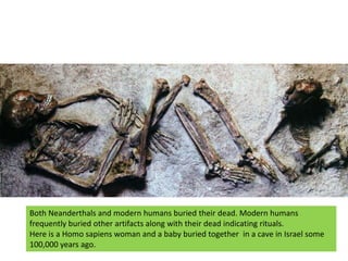 Both Neanderthals and modern humans buried their dead. Modern humans frequently buried other artifacts along with their dead indicating rituals.Here is a Homo sapiens woman and a baby buried together  in a cave in Israel some 100,000 years ago.