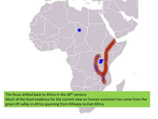 The focus shifted back to Africa in the 20th century.Much of the fossil evidence for the current view on human evolution has come from the great rift valley in Africa spanning from Ethiopia to East Africa.