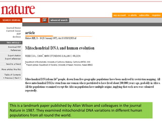 This is a landmark paper published by Allan Wilson and colleagues in the journal Nature in 1987. They examined mitochondrial DNA variations in different human populations from all round the world.