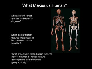 What Makes us Human?
Who are our nearest
relatives in the animal
kingdom?
When did our human
features first appear in
the course of human
evolution?
What impacts did these human features
have on human behavior, cultural
development, and movement
geographically?
 