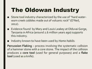 The Oldowan Industry
■ Stone tool industry characterized by the use of “hard water-
worn creek cobbles made out of volcanic rock” (O’Neil,
2012).
■ Evidence found by Mary and Louis Leakey at Olduvai Gorge,
Tanzania in Africa (around 2.6 million years ago) supports
this industry.
■ Industry known to have been used by Homo habilis.
Percussion Flaking – process involving the systematic collision
of a hammer stone with a core stone. The impact of the collision
produces a core tool (used for general purposes) and a flake
tool (used as a knife).
 