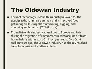 The Oldowan Industry
■ Form of technology used in this industry allowed for the
species to butcher large animals and it improved food
gathering skills using the ‘hammering, digging, and
chopping implements’ (O’Neil, 2012).
■ FromAfrica, this industry spread out to Europe and Asia
during the migration of Homo erectus, who acquired it from
homo habilis within 1.9-1.8 million years ago. By 1.8-1.6
million years ago, the Oldowan industry has already reached
Java, Indonesia and Northern China.
 