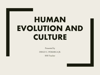 HUMAN
EVOLUTION AND
CULTURE
Presented by
DIEGO C. POMARCA JR.
SHS Teacher
 