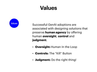 Successful GenAI adoptions are
associated with designing solutions that
preserve human agency by o
ff
ering
human oversight, control and
judgment.
• Oversight: Human In the Loop
• Controls: The “Kill” Button
• Judgment: Do the right thing!
Values
Values
 