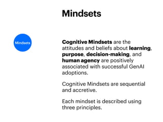 Cognitive Mindsets are the
attitudes and beliefs about learning,
purpose, decision-making, and
human agency are positively
associated with successful GenAI
adoptions.
Cognitive Mindsets are sequential
and accretive.
Each mindset is described using
three principles.
Mindsets
Mindsets
 