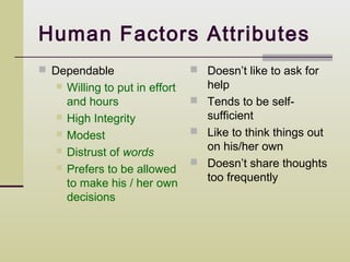 Human Factors Attributes
 Dependable                      Doesn’t like to ask for
     Willing to put in effort     help
      and hours                   Tends to be self-
     High Integrity               sufficient
     Modest                      Like to think things out
                                   on his/her own
     Distrust of words
                                  Doesn’t share thoughts
     Prefers to be allowed
                                   too frequently
      to make his / her own
      decisions
 