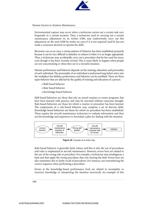 Environmental capture may occur when a technician carries out a certain task very
frequently in a certain location. Thus, a technician used to carrying out a certain
maintenance adjustment on an Airbus A300, may inadvertently carry out this
adjustment on the next A300 he works on, even if it is not required (and he has not
made a conscious decision to operate the skill).
Reversion can occur once a certain pattern of behavior has been established, primarily
because it can be very difficult to abandon or unlearn it when it is no longer appropriate.
Thus, a technician may accidentally carry out a procedure that he has used for years,
even though it has been recently revised. This is more likely to happen when people
are not concentrating or when they are in a stressful situation.
Human performance and behavior depends on the training, education, and personality
of each individual. The personality of an individual is preformed long before entry into
the workplace but abilities, performance and behavior can be modified. There are three
types behavior that are affected by the quality of training and education of a person.
• Skill-based behavior
• Rule-based behavior
• Knowledge-based behavior
Skill-based behaviors are those that rely on stored routines or motor programs that
have been learned with practice and may be executed without conscious thought.
Rule-based behaviors are those for which a routine or procedure has been learned.
The components of a rule-based behavior may comprise a set of discrete skills.
Knowledge-based behaviors are those for which no procedure has been established.
These require the aircraft maintenance technician to evaluate information and then
use his knowledge and experience to formulate a plan for dealing with the situation.
Rule-based behavior is generally fairly robust, and this is why the use of procedures
and rules is emphasized in aircraft maintenance. However, errors here are related to
the use of the wrong rule or procedure. For example, a technician may misdiagnose a
fault and thus apply the wrong procedure, thus not clearing the fault. Errors here are
also sometimes due to faulty recall of procedures. For instance, not remembering the
correct sequence when performing a procedure.
Errors at the knowledge-based performance level are related to incomplete or
incorrect knowledge or interpreting the situation incorrectly. An example of this
Human Factors in Aviation Maintenance
100
Correct
decision
Aircraft
maintenance
engineer is
distracted.
Wrong skill
applied.
Aircraft
maintenance
engineer fails
to monitor.
ERROR
Figure 24 Example of an Action Slip
HumanFactorsInt_2ndrun.qxd 4/1/2004 11:25 AM Page 103
AVIATIONLEARNING.NET HUMAN FACTORS REVIEWCOURSE
 