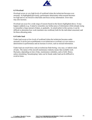 © Author: David J. Taylor NO UNAUTHORIZED REPRODUCTION ALLOWED 14
6.3 Overload
Overload occurs at very high levels of workload (when the technician becomes over
aroused). As highlighted previously, performance deteriorates when arousal becomes
too high and we are forced to shed tasks and focus on key information. Error rates
may also increase.
Overload can occur for a wide range of reasons based on the factors highlighted above. It may
happen suddenly (e.g. if asked to remember one further piece of information whilst already trying
to remember a large amount of data), or gradually. As noted earlier in this section, it can be
difficult to determine how work translates into workload, both for the individual concerned, and
for those allocating tasks.
6.4 Under load
Under load occurs at low levels of workload (when the technician becomes under
aroused). It can be just as problematic to an technician as overload, as it too causes a
deterioration in performance and an increase in errors, such as missed information.
Under load can result from a task an technician finds boring, very easy, or indeed a lack
of tasks. The nature of the aircraft maintenance industry means that available work
fluctuates, depending on time of day, maintenance schedules, and so forth. Hence,
u
n
l
e
s
s
s
t
i
m
u
l
a
t
i
n
g
‘
h
o
u
s
e
k
e
e
p
i
n
g
’
t
a
s
k
s
c
a
n
b
e
f
o
u
n
d
,
under load can be difficult to
avoid at times.
AVIATIONLEARNING.NET HUMAN FACTORS REVIEWCOURSE
 