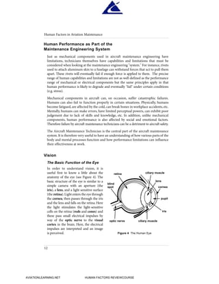 Human Performance as Part of the
Maintenance Engineering System
Just as mechanical components used in aircraft maintenance engineering have
limitations, technicians themselves have capabilities and limitations that must be
considered when looking at the maintenance engineering "system." For instance, rivets
used to attach aluminum skin to a fuselage can withstand forces that act to pull them
apart. These rivets will eventually fail if enough force is applied to them. The precise
range of human capabilities and limitations are not as well-defined as the performance
range of mechanical or electrical components but the same principles apply in that
human performance is likely to degrade and eventually "fail" under certain conditions
(e.g. stress).
Mechanical components in aircraft can, on occasion, suffer catastrophic failures.
Humans can also fail to function properly in certain situations. Physically, humans
become fatigued, are affected by the cold, can break bones in workplace accidents, etc.
Mentally, humans can make errors, have limited perceptual powers, can exhibit poor
judgement due to lack of skills and knowledge, etc. In addition, unlike mechanical
components, human performance is also affected by social and emotional factors.
Therefore failure by aircraft maintenance technicians can be a detriment to aircraft safety.
The Aircraft Maintenance Technician is the central part of the aircraft maintenance
system.It is therefore very useful to have an understanding of how various parts of the
body and mental processes function and how performance limitations can influence
their effectiveness at work.
Vision
The Basic Function of the Eye
In order to understand vision, it is
useful first to know a little about the
anatomy of the eye (see Figure 4). The
basic structure of the eye is similar to a
simple camera with an aperture (the
iris), a lens, and a light sensitive surface
(the retina).Light enters the eye through
the cornea, then passes through the iris
and the lens and falls on the retina. Here
the light stimulates the light-sensitive
cells on the retina (rods and cones) and
these pass small electrical impulses by
way of the optic nerve to the visual
cortex in the brain. Here, the electrical
impulses are interpreted and an image
is perceived.
Human Factors in Aviation Maintenance
12
ciliary muscle
lens
ciliary muscle
cornea
pupil
iris
Figure 4 The Human Eye
retina
blind
spot
optic nerve
HumanFactorsInt_2ndrun.qxd 4/1/2004 11:24 AM Page 15
AVIATIONLEARNING.NET HUMAN FACTORS REVIEWCOURSE
 