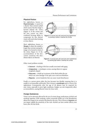 Physical Factors
Far sightedness, known as
Hypermetropia, is caused by
a shorter than normal eyeball
which means that the image is
formed behind the retina
(Figure 5). If the cornea and
the lens cannot use their
combined focusing ability to
compensate for this, blurred
vision will result when looking
at close objects.
Short sightedness, known as
Myopia, is where the eyeball is
longer than normal,causing the
image to be formed in front of
the retina (Figure 6). If the
accommodation of the lens
cannot counteract this then
distant objects are blurred.
Other visual problems include:
• Cataracts - clouding of the lens usually associated with aging
• Astigmatism - a misshapen cornea causing objects to appear
irregularly shaped
• Glaucoma - a build up in pressure of the fluid within the eye
which can cause damage to the optic nerve and even blindness
• Migraine - severe headaches that can cause visual disturbances
Finally as a person grows older, the lens becomes less flexible; meaning that it is
unable to accommodate sufficiently. This is known as presbyopia and is a form of far
sightedness. Consequently, after the age of 40, glasses may be required for
near vision, especially in poor light conditions. Fatigue can also temporarily affect
accommodation, causing blurred vision for close work.
Foreign Substances
Vision can be adversely affected by the use of certain drugs, medications, alcohol, and
smoking cigarettes. With smoking, carbon monoxide builds up in the bloodstream
allows less oxygen to be carried in the blood to the eyes.This is known as hypoxia and
can impair rapidly the sensitivity of the rods. Alcohol can have similar effects, even
hours after the last drink.
Human Performance and Limitations
15
Figure 5 A convex lens will overcome long sightedness
by bending it before it reaches the cornea.
Figure 6 A concave lens will overcome short sightedness
by bending light before it reaches the cornea.
HumanFactorsInt_2ndrun.qxd 4/1/2004 11:24 AM Page 18
AVIATIONLEARNING.NET HUMAN FACTORS REVIEWCOURSE
 
