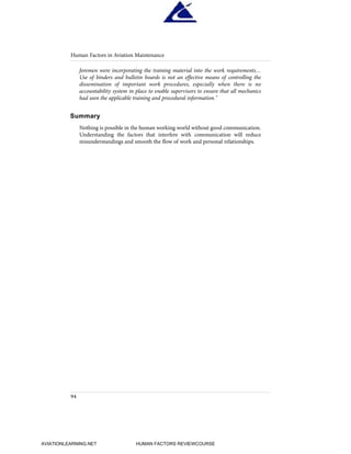 foremen were incorporating the training material into the work requirements…
Use of binders and bulletin boards is not an effective means of controlling the
dissemination of important work procedures, especially when there is no
accountability system in place to enable supervisors to ensure that all mechanics
had seen the applicable training and procedural information."
Summary
Nothing is possible in the human working world without good communication.
Understanding the factors that interfere with communication will reduce
misunderstandings and smooth the flow of work and personal relationships.
Human Factors in Aviation Maintenance
94
HumanFactorsInt_2ndrun.qxd 4/1/2004 11:25 AM Page 97
AVIATIONLEARNING.NET HUMAN FACTORS REVIEWCOURSE
 