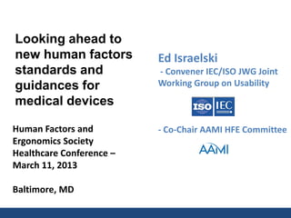 Human Factors and
Ergonomics Society
Healthcare Conference –
March 11, 2013
Baltimore, MD
Ed Israelski
- Convener IEC/ISO JWG Joint
Working Group on Usability
- Co-Chair AAMI HFE Committee
Looking ahead to
new human factors
standards and
guidances for
medical devices
 