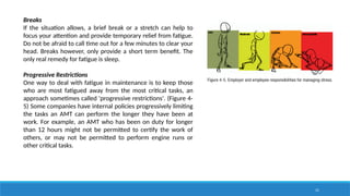 31
Breaks
If the situation allows, a brief break or a stretch can help to
focus your attention and provide temporary relief from fatigue.
Do not be afraid to call time out for a few minutes to clear your
head. Breaks however, only provide a short term benefit. The
only real remedy for fatigue is sleep.
Progressive Restrictions
One way to deal with fatigue in maintenance is to keep those
who are most fatigued away from the most critical tasks, an
approach sometimes called 'progressive restrictions'. (Figure 4-
5) Some companies have internal policies progressively limiting
the tasks an AMT can perform the longer they have been at
work. For example, an AMT who has been on duty for longer
than 12 hours might not be permitted to certify the work of
others, or may not be permitted to perform engine runs or
other critical tasks.
 