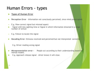 Human Errors - types
 Types of Human Error
 Perception Error – Information not consciously perceived, since mind preoccupied.
 E.g. View correct signal but misread aspect
 Signal with less sighting time or Signal in which information drowned in a large
number of stimuli
 E.g. Failure to locate the signal
 Decoding Error- Stimulus received and perceived but not interpreted correctly.
E.g. Driver reading wrong signal
 Misrepresentation error - People act according to their understanding based on
mental models.
 E.g. Approach release signal – driver knows it will clear.
20
 