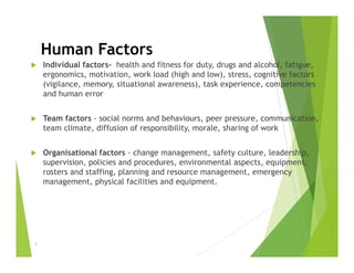 Human Factors
 Individual factors- health and fitness for duty, drugs and alcohol, fatigue,
ergonomics, motivation, work load (high and low), stress, cognitive factors
(vigilance, memory, situational awareness), task experience, competencies
and human error
 Team factors - social norms and behaviours, peer pressure, communication,
team climate, diffusion of responsibility, morale, sharing of work
 Organisational factors - change management, safety culture, leadership,
supervision, policies and procedures, environmental aspects, equipment,
rosters and staffing, planning and resource management, emergency
management, physical facilities and equipment.
5
 