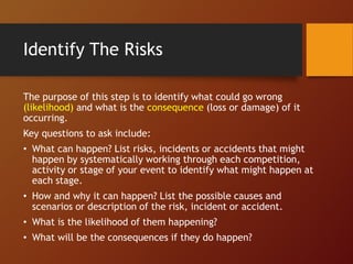Identify The Risks
The purpose of this step is to identify what could go wrong
(likelihood) and what is the consequence (loss or damage) of it
occurring.
Key questions to ask include:
• What can happen? List risks, incidents or accidents that might
happen by systematically working through each competition,
activity or stage of your event to identify what might happen at
each stage.
• How and why it can happen? List the possible causes and
scenarios or description of the risk, incident or accident.
• What is the likelihood of them happening?
• What will be the consequences if they do happen?
 