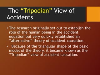 The “Tripodian” View of
Accidents
• The research originally set out to establish the
role of the human being in the accident
equation but very quickly established an
“alternative” theory of accident causation.
• Because of the triangular shape of the basic
model of the theory, it became known as the
“Tripodian” view of accident causation.
 