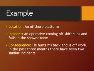Example
• Location: An offshore platform
• Incident: An operative coming off shift slips and
falls in the shower room
• Consequence: He hurts his back and is off work.
In the past three months there have been two
similar incidents
 