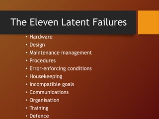 The Eleven Latent Failures
• Hardware
• Design
• Maintenance management
• Procedures
• Error-enforcing conditions
• Housekeeping
• Incompatible goals
• Communications
• Organisation
• Training
• Defence
 