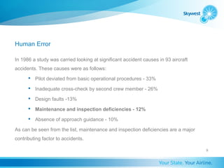Human Error

In 1986 a study was carried looking at significant accident causes in 93 aircraft
accidents. These causes were as follows:
       Pilot deviated from basic operational procedures - 33%

       Inadequate cross-check by second crew member - 26%

       Design faults -13%

       Maintenance and inspection deficiencies - 12%

       Absence of approach guidance - 10%

As can be seen from the list, maintenance and inspection deficiencies are a major
contributing factor to accidents.

                                                                                    9
 