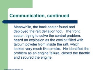 Communication, continued
Meanwhile, the back seater found and
deployed the raft deflation tool. The front
seater, trying to solve the control problem,
heard an explosion as the cockpit filled with
talcum powder from inside the raft, which
looked very much like smoke. He identified the
problem as an engine failure, closed the throttle
and secured the engine.

Downloaded from www.avhf.com

 