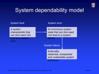 System dependability model

    System fault                                              System error

    A system                                                  An erroneous system
    characteristic that                                       state that can (but need
    can (but need not)                                        not) lead to a system
    lead to a system                                          failure
    error
                                                        System failure

                                                              Externally-
                                                              observed, unexpected
                                                              and undesirable system
                                                              behaviour



Human Failure, LSCITS, EngD course in Socio-technical Systems,, 2012                     Slide 6
 