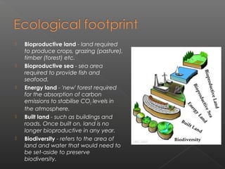    Bioproductive land - land required
    to produce crops, grazing (pasture),
    timber (forest) etc.
   Bioproductive sea - sea area
    required to provide fish and
    seafood.
   Energy land - 'new' forest required
    for the absorption of carbon
    emissions to stabilise CO2 levels in
    the atmosphere.
   Built land - such as buildings and
    roads. Once built on, land is no
    longer bioproductive in any year.
   Biodiversity - refers to the area of
    land and water that would need to
    be set-aside to preserve
    biodiversity. 
 