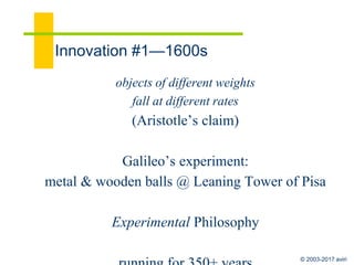 © 2003-2017 aviri
The Authority Strikes Back
Galileo’s Celestial Theory
1632: Dialogue Concerning the Two Chief World
Systems
⬥Heliocentric: sun in center; earth and planets
around it (Salviati)
⬥Sagredo
⬥Geocentric: earth stationary, everything goes
around it (Simplicio)
⬥Inquisition, house arrest, shutdown of SM in
Italy
 
