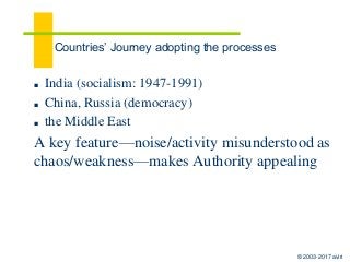 © 2003-2017 aviri
Countries’ Journey adopting the processes
■ India (socialism: 1947-1991)
■ China, Russia (democracy)
■ the Middle East
A key feature—noise/activity misunderstood as
chaos/weakness—makes Authority appealing
 