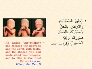 { خَلَقَ السَّمَاوَاتِ وَالْأَرْضَ بِالْحَقِّ وَصَوَّرَكُمْ فَأَحْسَنَ صُوَرَكُمْ وَإِلَيْهِ الْمَصِيرُ } (3)  سورة التغابن He (Allah ‘All-Mighty) has created the heavens and the earth with truth, and He shaped you and made good your shapes, and to Him is the final Return.  (Quran. Chap. 64. Ver. 3 ) 