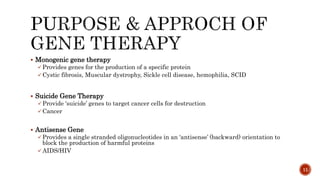 Monogenic gene therapy
 Provides genes for the production of a specific protein
 Cystic fibrosis, Muscular dystrophy, Sickle cell disease, hemophilia, SCID
 Suicide Gene Therapy
 Provide ‘suicide’ genes to target cancer cells for destruction
 Cancer
 Antisense Gene
 Provides a single stranded oligonucleotides in an ‘antisense’ (backward) orientation to
block the production of harmful proteins
 AIDS/HIV
11
 