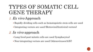 1. Ex vivo Approach
 Rapidly dividing cells such as hematopoietic stem cells are used
 Integrating vectors are used (Retroviral/lentiviral vectors)
2. In vivo approach
 Long lived post-mitotic cells are used (lymphocytes)
 Non-integrating vectors are used (Adenoviruses/AAV)
14
 