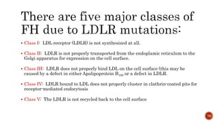  Class I: LDL receptor (LDLR) is not synthesized at all.
 Class II: LDLR is not properly transported from the endoplamic reticulum to the
Golgi apparatus for expression on the cell surface.
 Class III: LDLR does not properly bind LDL on the cell surface (this may be
caused by a defect in either Apolipoprotein B100 or a defect in LDLR.
 Class IV: LDLR bound to LDL does not properly cluster in clathrin-coated pits for
receptor-mediated endocytosis
 Class V: The LDLR is not recycled back to the cell surface
75
 